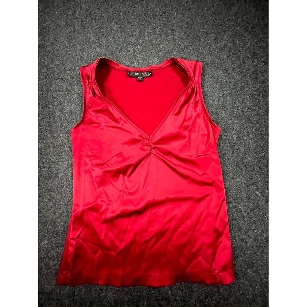 Vintage Nicole Miller Tank Top Womens Small Red Satin Ruched V Neck Wide Strap